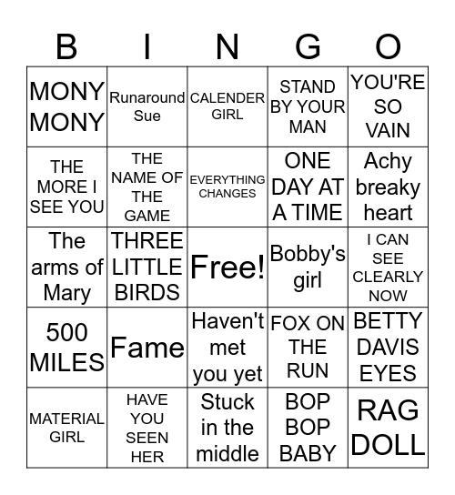 HITS 60 Bingo Card