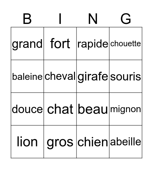 Les animaux et Les adjectifs Bingo Card