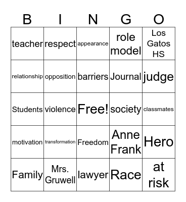 Freedom Writers Bingo Card