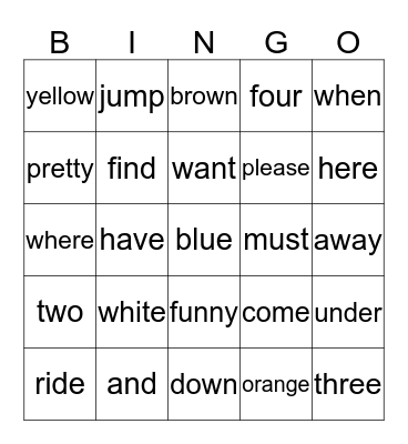 Kindergarten Sight Words Bingo Card
