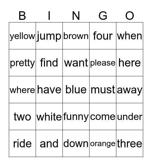 Kindergarten Sight Words Bingo Card