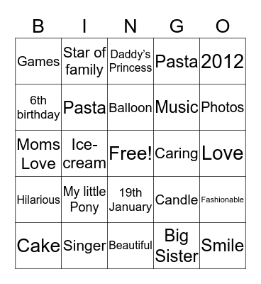 Nikita’s 6th birthday Bingo Card