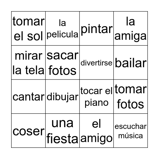 pasa tiempos/hobbies and pastimes Bingo Card