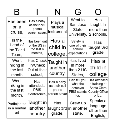 PBIS All-Star Bingo Card