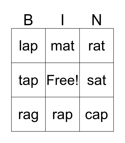 Short a Bingo Card