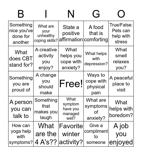 Symptom Management Bingo Card