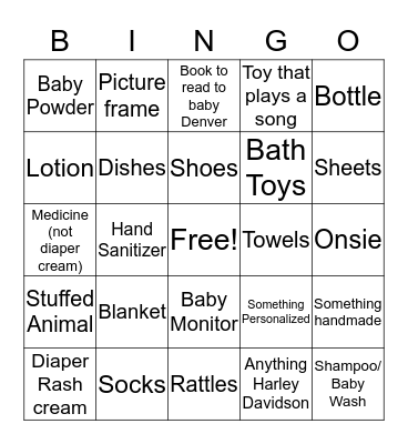 Denver's Shower Gifts Bingo Card