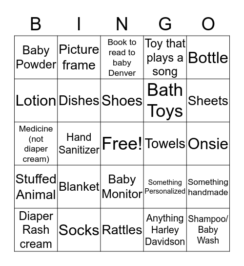 Denver's Shower Gifts Bingo Card