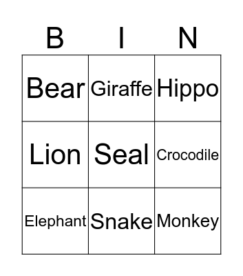 Animals Bingo Card