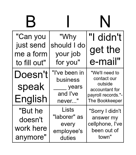 Premium Audit Bingo Card