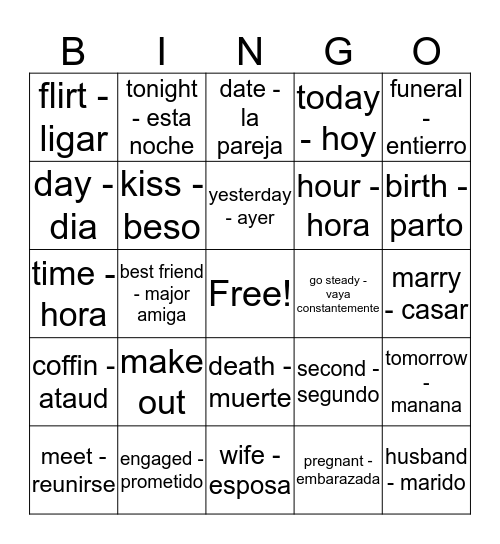 relationship/time/feelings Bingo Card