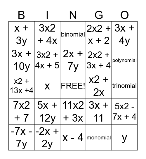 Adding and Subtracting Polynomials Bingo Card