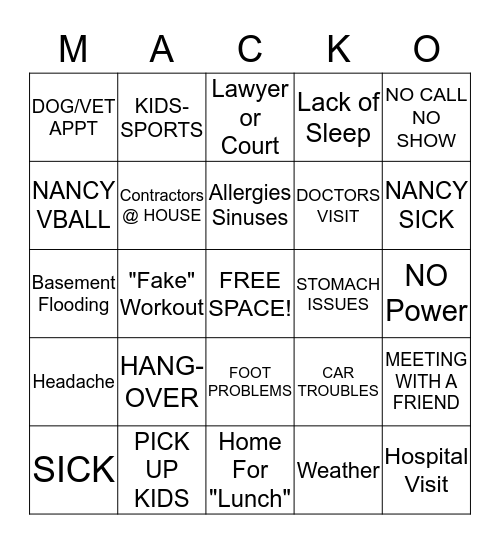 MACKO Bingo Card