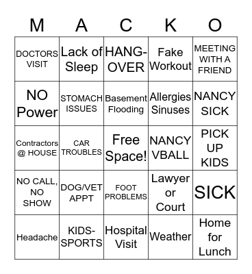 MACKO Bingo Card