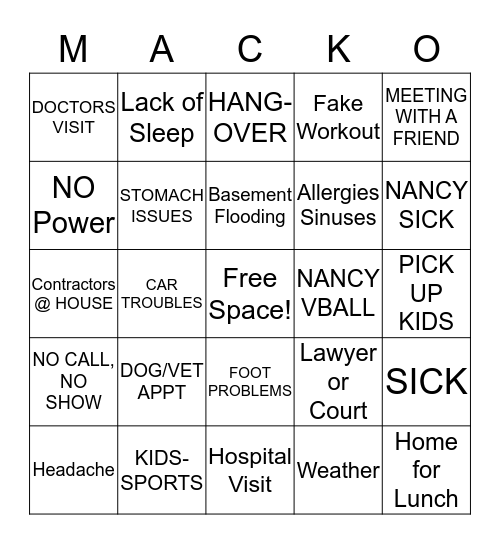 MACKO Bingo Card