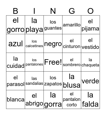 Spanish Clothes and Places Bingo Card