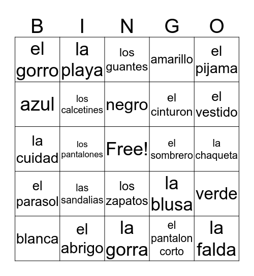 Spanish Clothes and Places Bingo Card