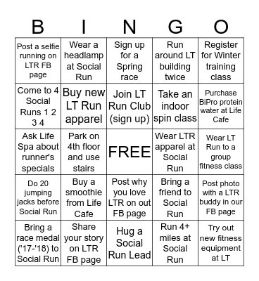 Life Time Gaithersburg Social Run Bingo Card