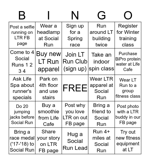 Life Time Gaithersburg Social Run Bingo Card