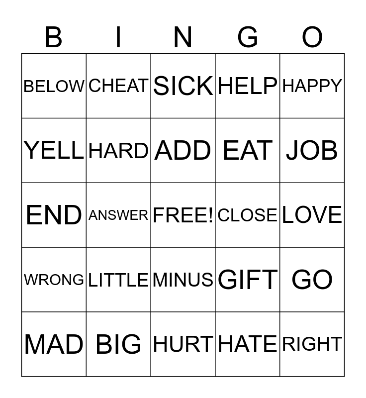 Synonym Bingo Card