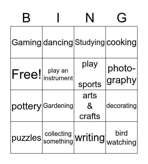 Hobbies Bingo Card