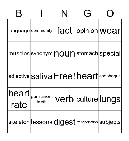 Vocabulary Bingo Card