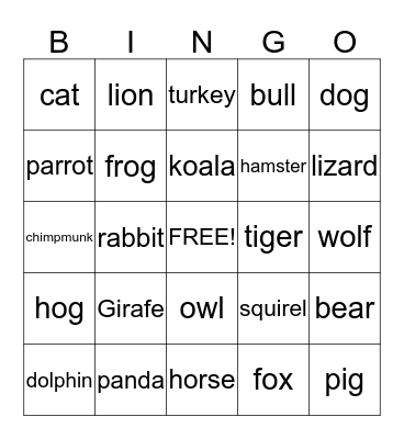 ANIMALS Bingo Card