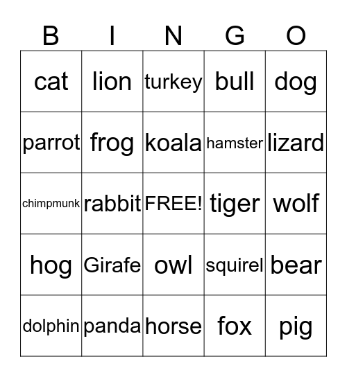 ANIMALS Bingo Card