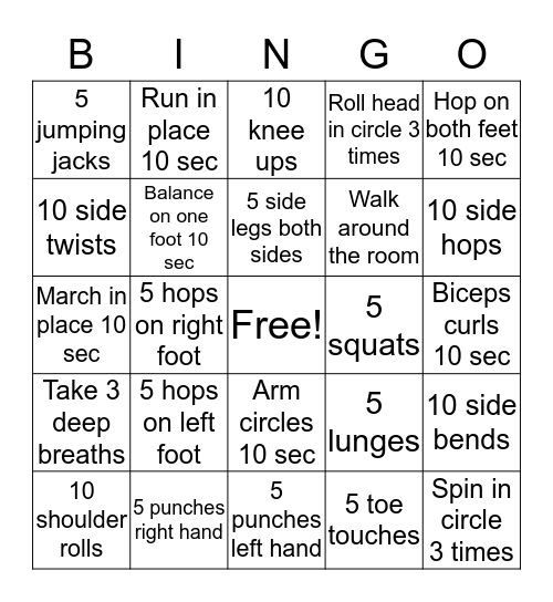 P.E. Bingo Card