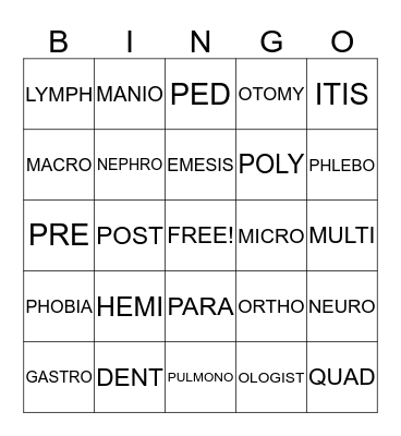 Medical Suffix Prefix  Bingo Card