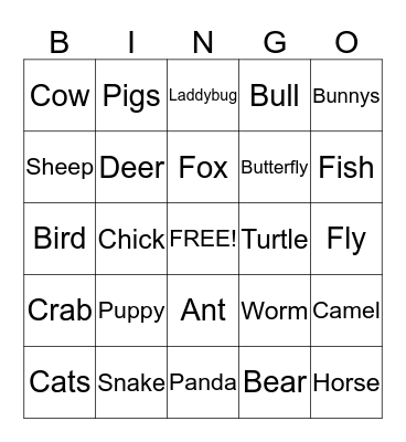 Animals Bingo Card