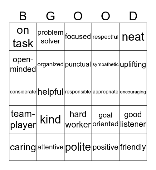 Behavior Bingo Card
