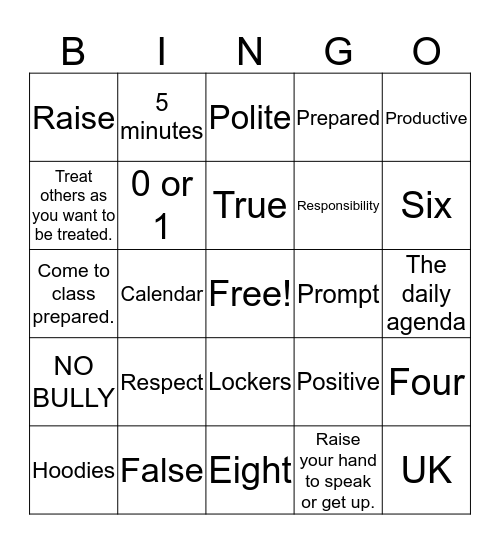 PROCEDURES AND EXPECTATIONS REVIEW Bingo Card