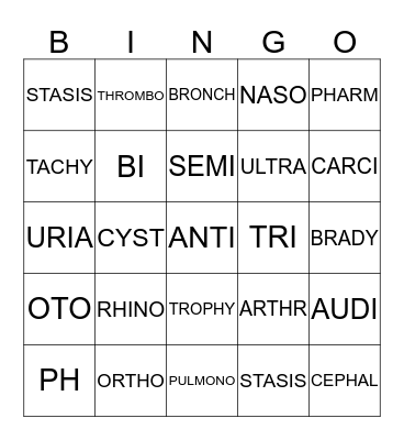 Medical Suffix Prefix Bingo Card