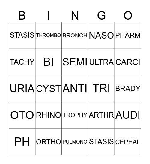 Medical Suffix Prefix Bingo Card