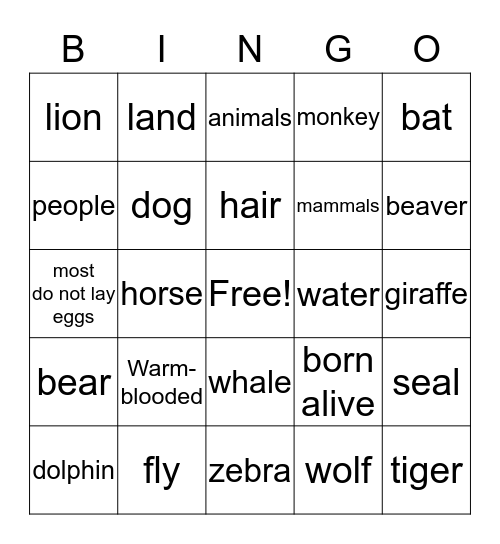 Mammals Bingo Card