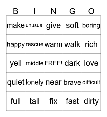 synonyms Bingo Card