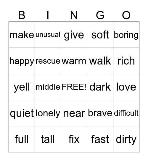 synonyms Bingo Card