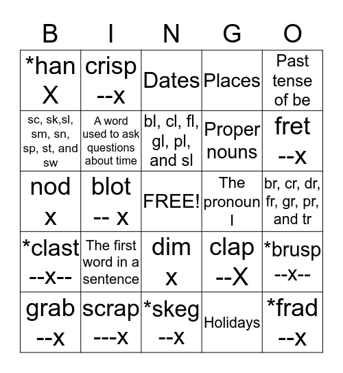 Phonics Bingo Card