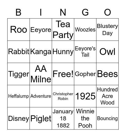 Winnie the Pooh Bingo Card