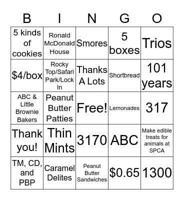 Girl Scout Cookie Bingo Card