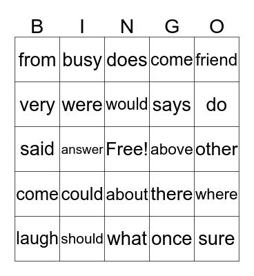 Sight Words Bingo Card