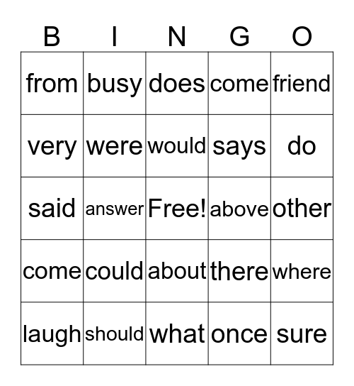 Sight Words Bingo Card