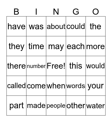 Fry Word Bingo Card