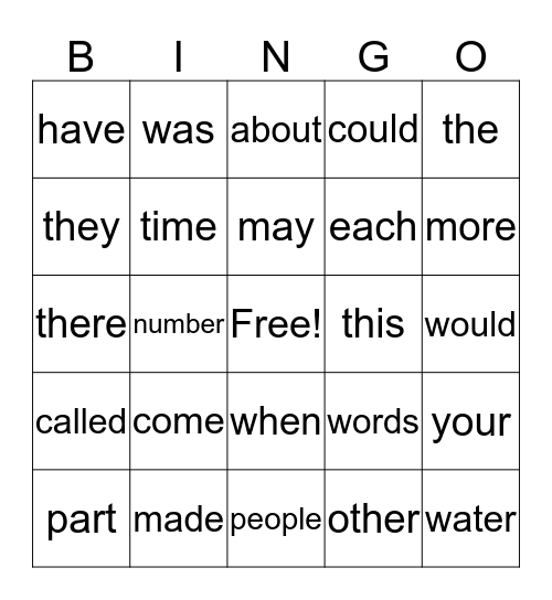 Fry Word Bingo Card