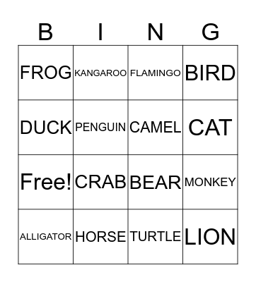 ANIMAL BINGO Card
