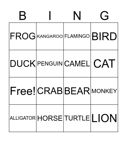 ANIMAL BINGO Card