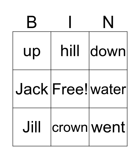 Jack and Jill Bingo Card