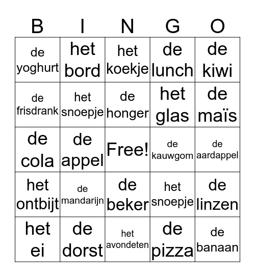 eten en drinken Bingo Card