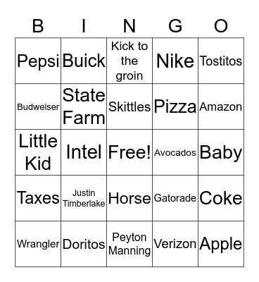 Super Bowl Commercials Bingo Card